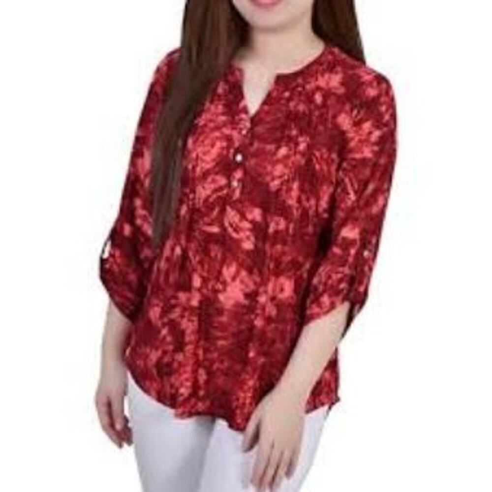 NY Collection Womens Tie-Dye Pleated Pintuck Utility Top 3/4 Sleeve Size L Red